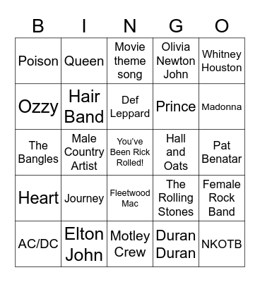 80’s Night Bingo Card