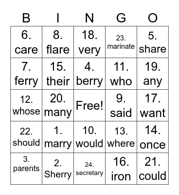 Long ar & Heart Words Bingo Card