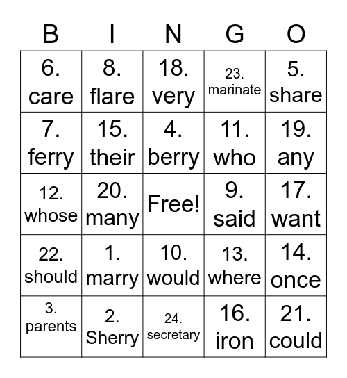 Long ar & Heart Words Bingo Card