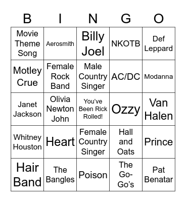 80’s Night Bingo Card