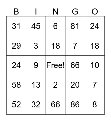 Order of Operations Turkey Trot Bingo Card