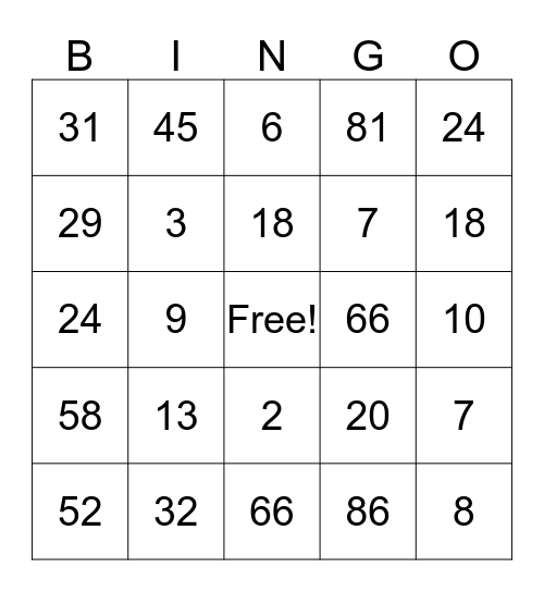 Order of Operations Turkey Trot Bingo Card