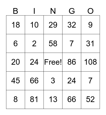 Order of Operations Turkey Trot  Bingo Card