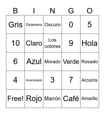 elementary colors and 1-10 Bingo Card