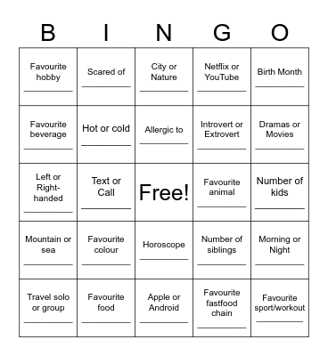 Things in Common Bingo Card