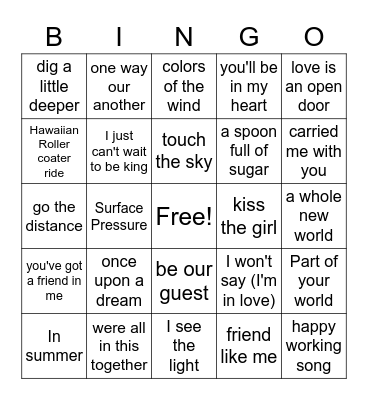 Disney Bingo Card