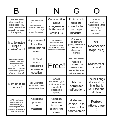Triangle Congruence Shortcut Bingo Card