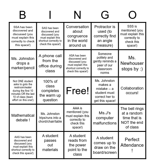 Triangle Congruence Shortcut Bingo Card