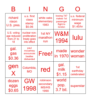 January 11, 1970 Bingo Card