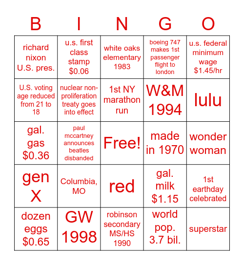 January 11, 1970 Bingo Card