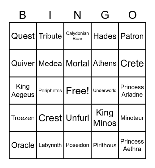 The Quest of Theseus Bingo Card