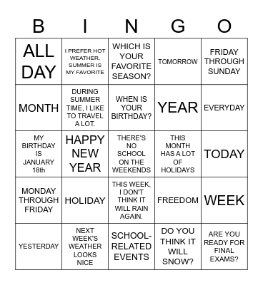 ASL Holiday / Calendar Bingo Card