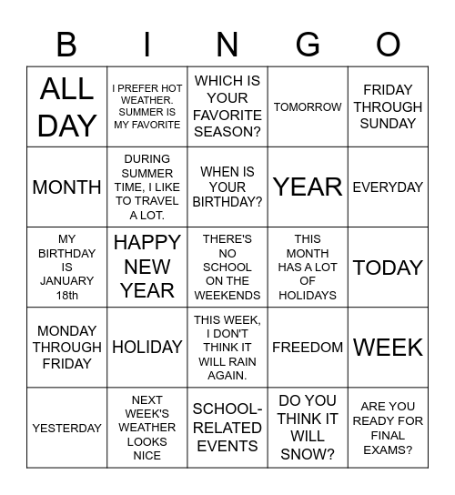 ASL Holiday / Calendar Bingo Card