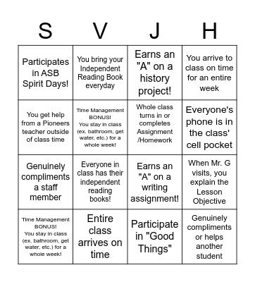 Team Pioneers BINGO! Challenge Bingo Card