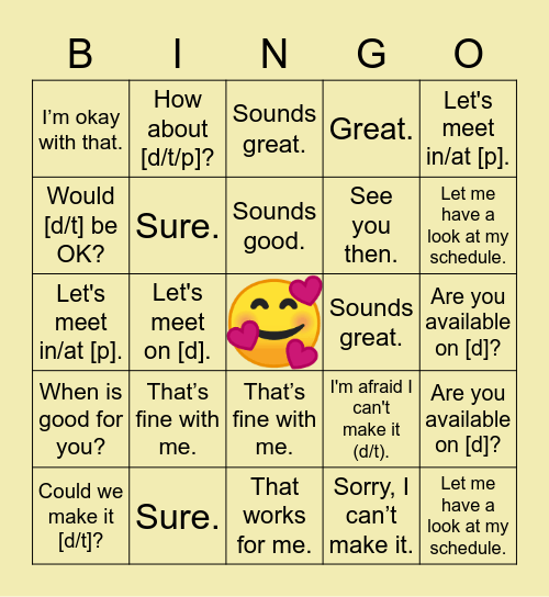Let's arrange a meeting. When shall we meet? Bingo Card