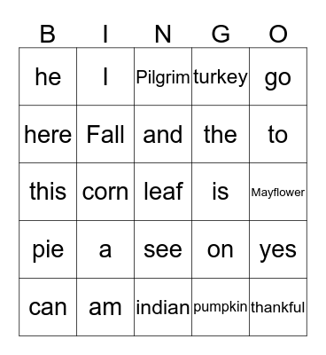 Sight Word Bingo Card
