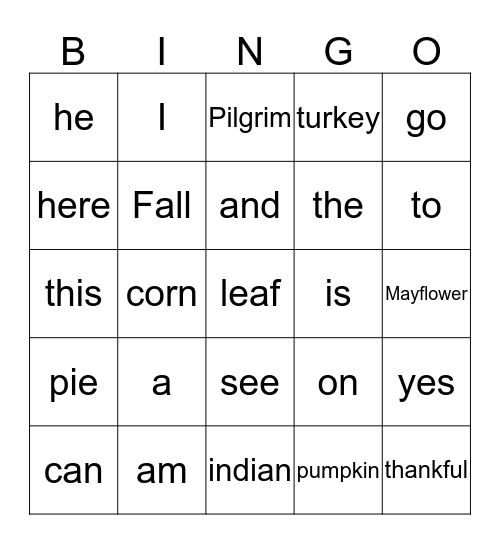 Sight Word Bingo Card