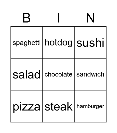 Food Bingo Card