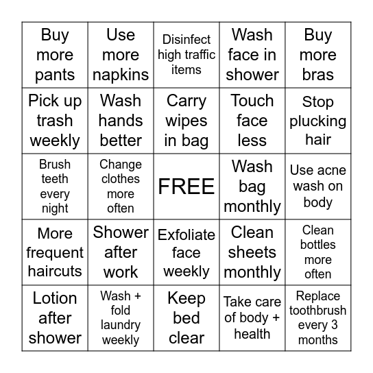 2023 Hygiene Goals Bingo Card