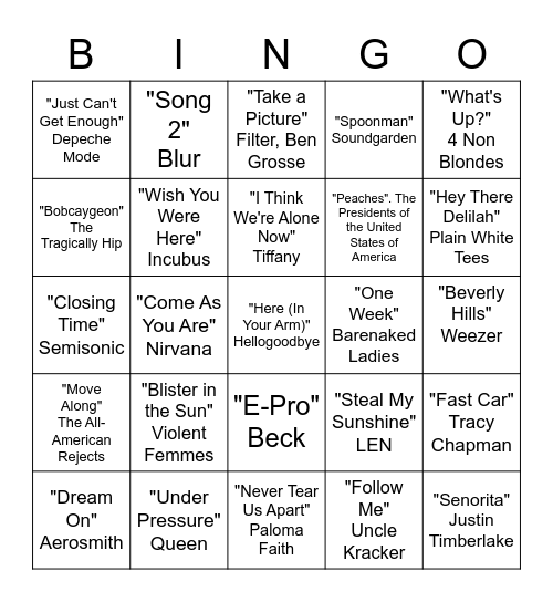 Rock and Roll Bingo Card