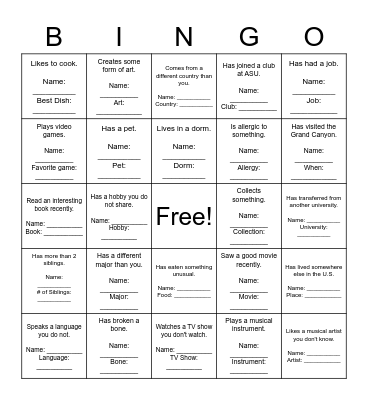 Find a Classmate Who... Bingo Card