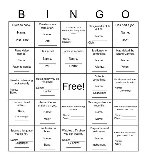 Find a Classmate Who... Bingo Card