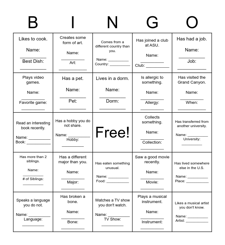 Find a Classmate Who... Bingo Card