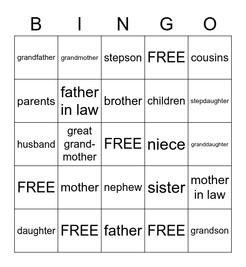 Family Members Bingo Card