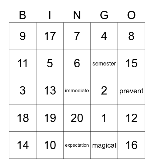 1-25 Bingo Card