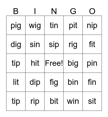 Short Vowel i Words Bingo Card
