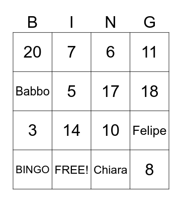 Elio Baby Shower Bingo Card