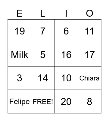 Elio Baby Shower Bingo Card