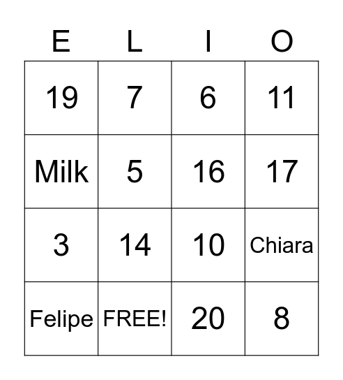 Elio Baby Shower Bingo Card