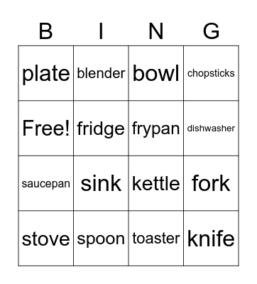 Kitchen Utensils Bingo Card