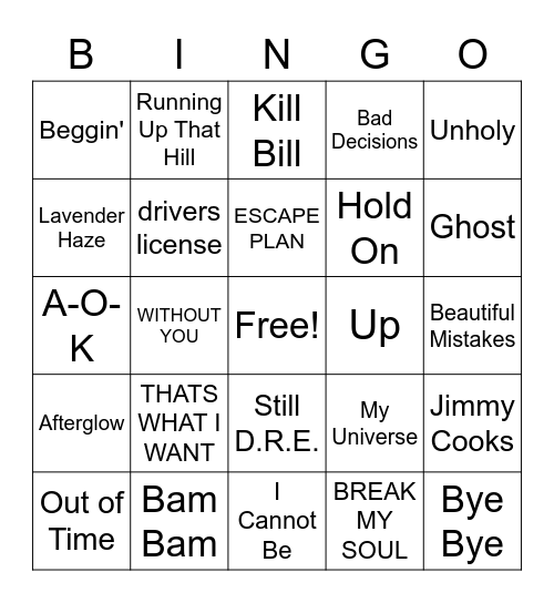 Song Bingo 1/11/23 Bingo Card