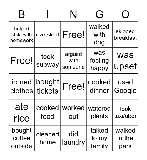 Activities you have done today Bingo Card