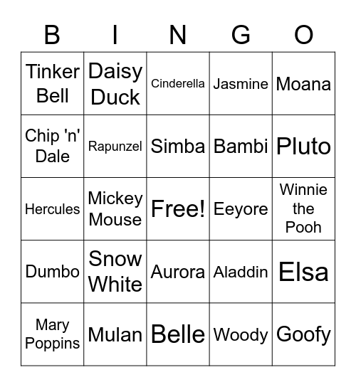 Disney Characters Bingo Card