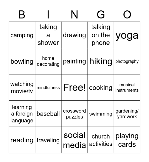 Leisure Bingo Card