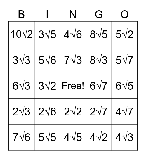 Simplifying Square Roots Bingo Card