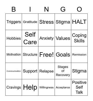 Recovery Bingo Card