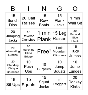 Fitness Bingo Card