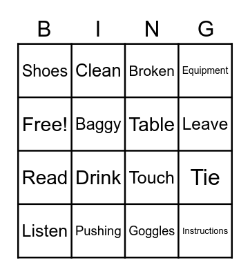Lab Safety Rules NAC Bingo Card