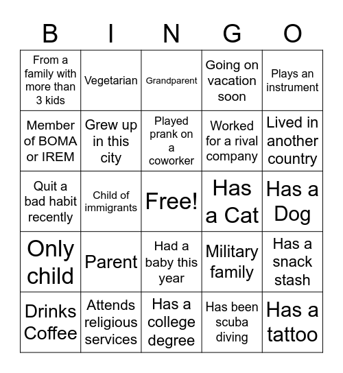 Get to know you Bingo Card