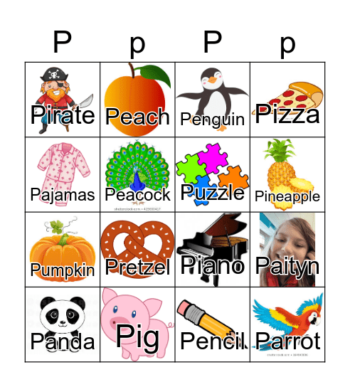 Letter P Bingo Card