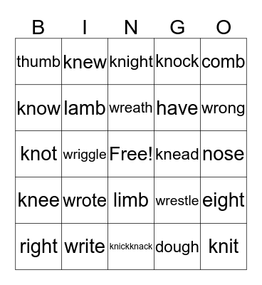 Silent Letters Bingo Card