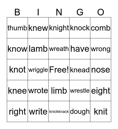 Silent Letters Bingo Card