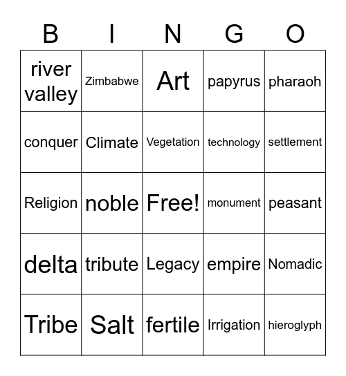 African Kingdoms Bingo Card