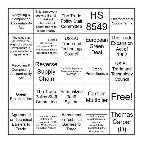 Trade and Environment Boot Camp Bingo Card