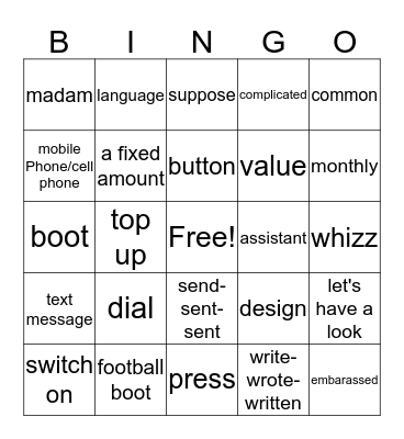 Vocabulary Unit  Bingo Card