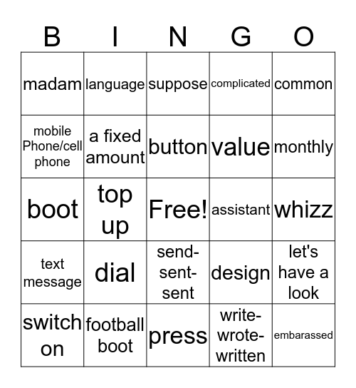 Vocabulary Unit  Bingo Card